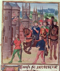Roy 18 E II f.390 Enrique Bolingbroke (Enrique IV) entra en Londres, ejecutado para Eduardo IV, del tomo IV (que abarca el periodo de 1389-1400), por Jehan Froissart, c.1460-80