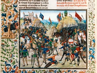 La batalla de Crécy: Eduardo, el Príncipe Negro, al mando del ejército inglés, incluidos arqueros de arco largo, contra las fuertes tropas francesas