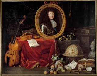 Retrato de Luis XIV Rey de Francia (1638-1715), Protector de las Artes y las Ciencias. El retrato del rey está rodeado de instrumentos musicales (viola de gamba, violín, guitarra) e instrumentos científicos (escuadra, globo celeste, compás).