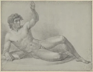 Desnudo masculino recostado, medio sentado apoyado en el brazo derecho