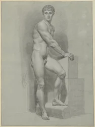 Desnudo masculino de pie, con los brazos sobre un bloque