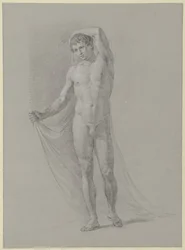 Hombre desnudo de pie, sujetando un paño a la espalda, de frente