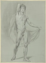 Hombre desnudo de pie, sujetando un paño a la espalda, visto de frente