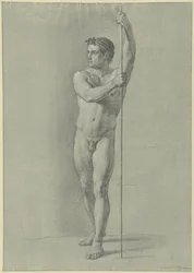 Hombre desnudo de pie con un bastón