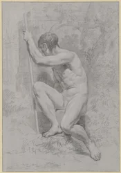 Desnudo masculino sentado, sosteniendo un bastón, girado hacia la izquierda