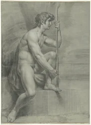 Desnudo masculino sentado con bastón y pierna izquierda levantada
