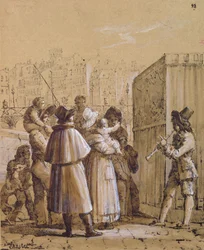 Espectadores viendo un espectáculo de Pulcinella cerca del Pont des Arts en París