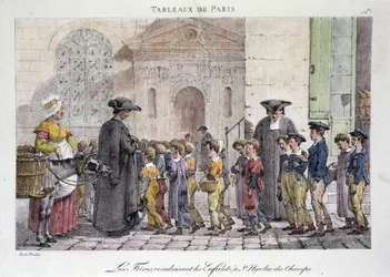 Antiguo oficio de calle en París: los hermanos llevando a los niños a Saint Nicolas des Champs, Escuela católica - Grabado de Jean Henry Marlet en “Les Tableaux de Paris”, serie de 72 impresiones, finales del siglo XIX