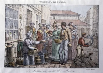 Antiguo oficio de las calles de París: La lechera del mercado Saint Martin (Saint-Martin) - Grabado por Jean Henry Marlet (1771-1847) en “Les Tableaux de Paris”, serie de 72 impresiones, finales del siglo XIX
