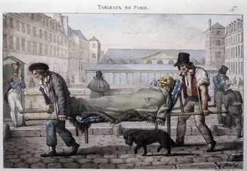 Antiguo oficio de las calles de París: el pobre paciente llevado al hospital por los camilleros. Grabado por Jean Henry Marlet (1771-1847) en “Les Tableaux de Paris”, serie de 72 impresiones, finales del siglo XIX