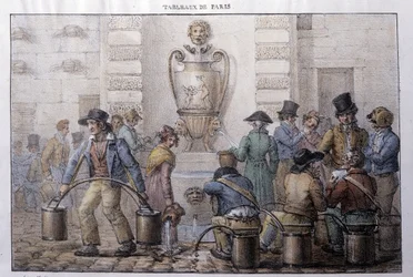 Antigua calle metier en París: aguador frente a una fuente. Grabado por Jean Henry Marlet (1771-1847) en "Los Cuadros de París", serie de 72 impresiones, finales del siglo XIX