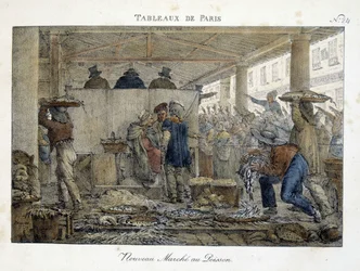 El nuevo Marché aux poissons de París - litografía de Brocas
