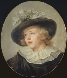Atribuido a Fragonard - Retrato de un joven con sombrero de plumas, Hacia 1785