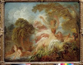 Bañistas. Grupo de jóvenes mujeres desnudas bañándose. Pintura de Jean Honoré Fragonard (1732-1806), siglo XVIII. Sol. 0,64 x 0,8 m