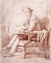 Retrato de Joseph-Jerome Le Francais de Lalande, de cuerpo entero, sentado, de perfil a la izquierda, sosteniendo un libro, un globo descansando en una mesa a la izquierda