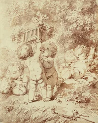 Seis putti jugando, dos sosteniendo una jaula