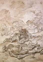 La triste situación de Don Quijote y Sancho Panza, maltratados por los galeotes, siglo XVIII