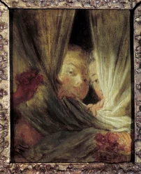 Las curiosas. Dos niñas espiando detrás de las cortinas. Pintura de Jean-Honoré Fragonard (1732-1806) siglo XVIII