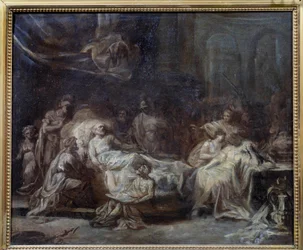 El testamento Familia reunida alrededor de un anciano agonizante dictando su testamento. Dibujo preparatorio de Jean Baptiste Fragonard (1732-1806) Siglo XVIII Reims, Museo de Bellas Artes