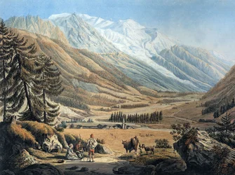 Vista del valle de Chamonix, desde el pueblo de Argentiere, por Jean Daniel Huber durante un viaje hacia 1785 (grabado)
