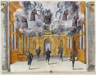 Diseño de escenario por Jean Berain el Viejo para Le feste di Amore e di Bacco, ballet de Jean-Baptiste Lully, presentado en el Palais-Royal en París, 15 de noviembre