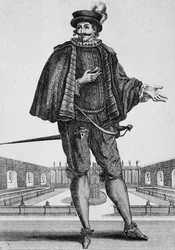 Capitán Spezzaferro, traje de escena, grabado por Jean Berain el Viejo (1637-1711), Francia