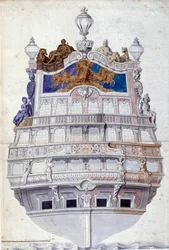 Decoración de la popa del barco Le Soleil Royal. Acuarela de Jean I Berain (1640-1711) París, Museo del Louvre