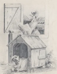 Perro en su caseta, gallo cantando en la ventana, hacia 1842.