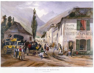 Llegada y Reparación de una Diligencia en Luz en el Camino a Barreges, c.1840