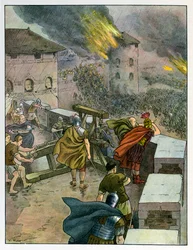 La historia de Alsacia cuenta a los niños ; Fin de la dominación romana, los romanos defienden las ciudades contra los invasores francos;