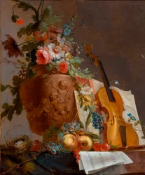 "Bodegón con flores y un violín" Pintura de Jean-Jacques Bachelier (1724-1806) circa 1750 - Óleo sobre lienzo - 88,9x73,5 - Art Gallery of South Australia