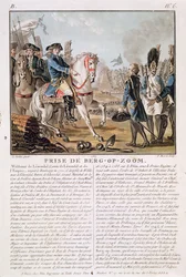 La Toma de Berg-op-Zoom, Países Bajos, 1747, grabado por Jean Baptiste Morret, 1787