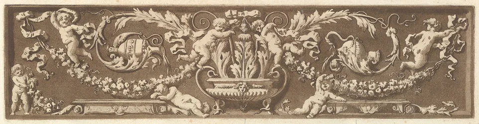 Friso ornamental con putti, hojas de acanto y guirnaldas de frutas, de Recueil de Diff