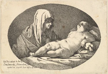 La Virgen a la izquierda observando al niño Cristo mientras duerme, una composición ovalada, después de..., 1760-63