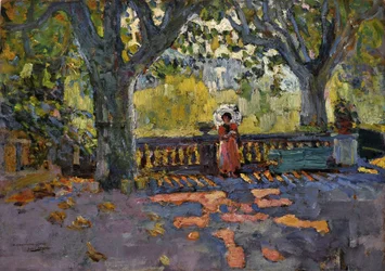 Una mujer joven tiene la sombrilla en la terraza sombreada. Pintura de Jean-Jacques Roque (Jean Jacques Roque