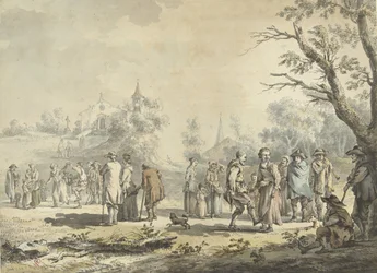 Campesinos que bailan y espectadores cerca de un pueblo
La Fête du village (título en el objeto)