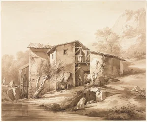 Paisaje con molino de agua, c1790