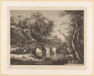 Paisaje con figuras en un puente de piedra