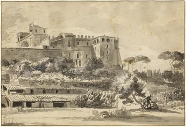 Vista de una villa italiana y jardines (el Belvedere del Vaticano)