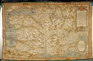 Mapa geográfico de las Galias que muestra las fronteras con Alemania e Italia. Realizado por el cartógrafo Jean Jolivet (siglo XVI)