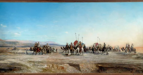Buscando un campamento caravanas de nómadas y camellos en el desierto. Pintura de Jean Joseph Bellel (1816-1898) siglo XIX Montpellier, Museo Fabre - Buscando un campamento. Caravanas de nómadas y camellos en el desierto. Pintura de Jean Joseph Bellel (181