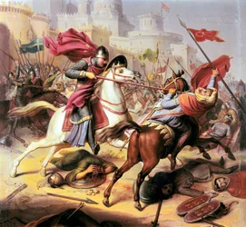 fPrimera cruzada: "Robert II duque de Normandía llamado Robert Courteheuse luchando contra un soldado musulmán durante el asedio de Antioche en 1098 - 1838