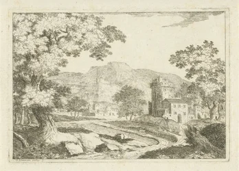 Paisaje fluvial con casas y torres.