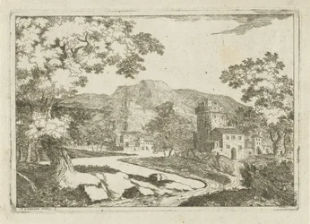 Paisaje fluvial con casas y torres.