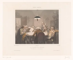Siete hombres leyendo en una mesa Le gabinete de conferencia / El club de lectura / Das lesecabinet (título sobre objeto) Representaciones de actividades especiales (título de la serie) Musée omnibus (título de serie sobre objeto)