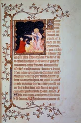 El duque Juan I de Berry (1340-1416) ante la Santísima Trinidad. Miniatura del manuscrito (ms. lat. 18014) «Las pequeñas horas de Juan de Berry», iluminado por Jean le Noir, hacia 1375. París, B.N.