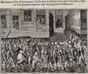 Entrada de Enrique IV (1553 - 1610) en París el 22 de marzo de 1594 y yendo a la Catedral de Notre Dame para asistir a misa - Grabado por Jean Lecler, después de Bollery, Museo de Notre Dame de París