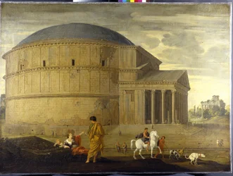 Vista caprichosa del Panteón con el templo de Vespasiano