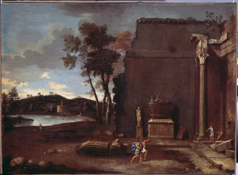 Paisaje con sarcófago. Pintura de Jean Le Maire (1597-1659). Arte francés, óleo sobre lienzo. Museo del Hermitage, San Petersburgo