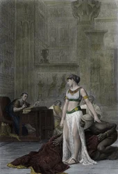 La reina de Egipto Cleopatra VII Thea Philopator (69-30 a. C.) y Julio César (100-44 a. C.) - Cleopatra ante Julio César en la obra de Shakespeare, Antonio y Cleopatra, según la pintura de Jean Léon Gérôme